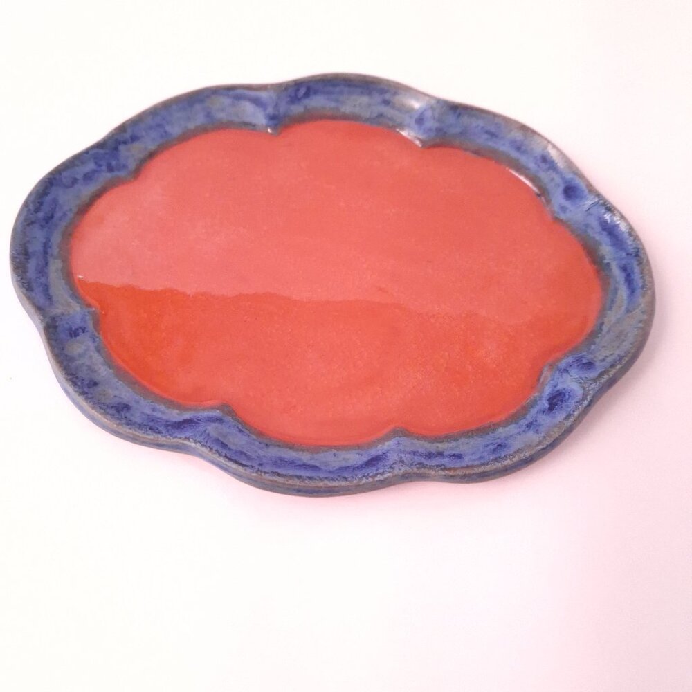 Terracotta & Blue Scalloped Trinket Dish – Handcrafted Pottery Catchall